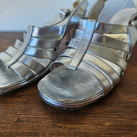 Vintage 70s Womens Silver Leather Strappy Sandals Heels Disco ABBA Size 6.5 - Picture 2 of 10